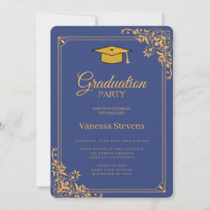Blue And Gold Classic Graduation Cap Party Invitation