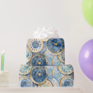 Blue and Gold Clock Pattern Wrapping Paper