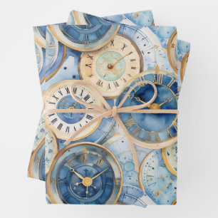Blue and Gold Clock Pattern Wrapping Paper Sheet