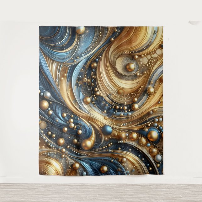Blue and gold combination on abstract waves art tapestry (Front)