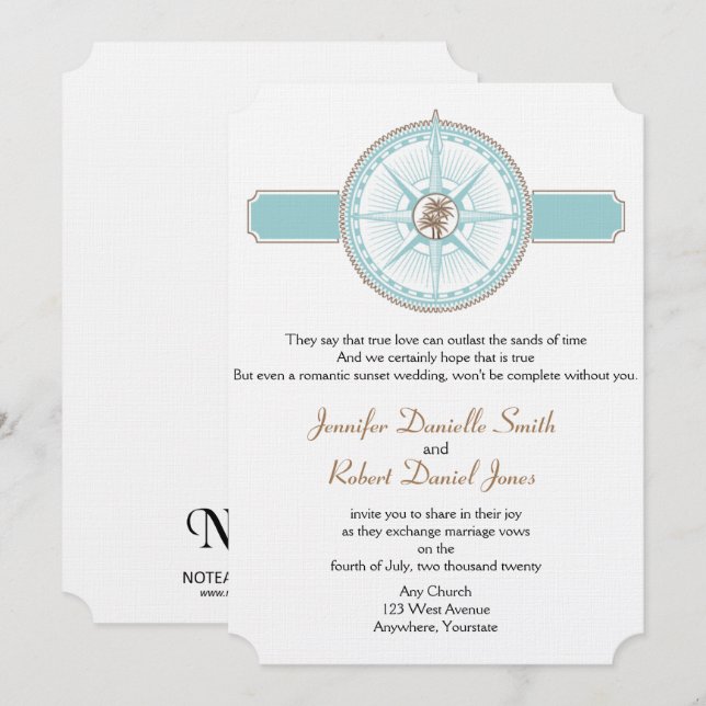 Blue and Gold Compass Rose Beach Wedding Invitation (Front/Back)