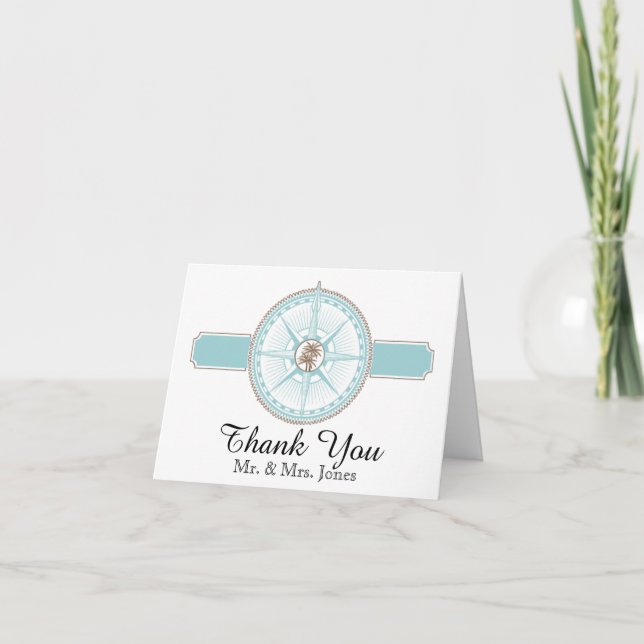Blue and Gold Compass Rose Beach Wedding Thank You Card (Front)