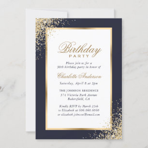 Blue and Gold Confetti Birthday Party Invitation