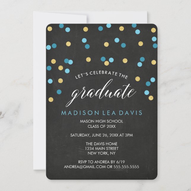 Blue and Gold Confetti Chalkboard Graduation Party Invitation (Front)