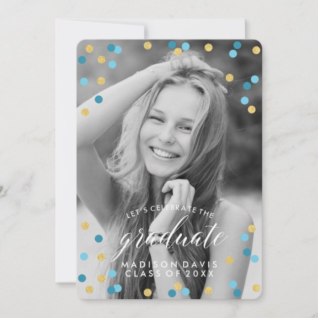 Blue and Gold Confetti Chalkboard Photo Graduation Invitation (Front)