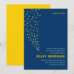Blue and gold confetti graduation announcement