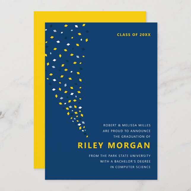 Blue and gold confetti graduation announcement (Front/Back)