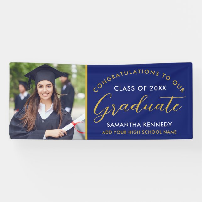  Blue And Gold Congrats Grad Photo Graduation Banner (Horizontal)