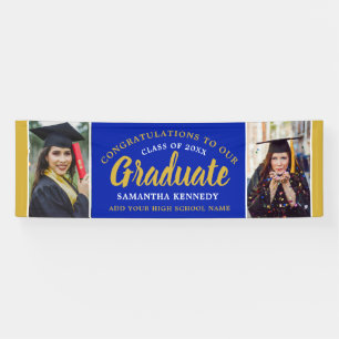 Blue And Gold Congrats Grad Two Photo Graduation Banner