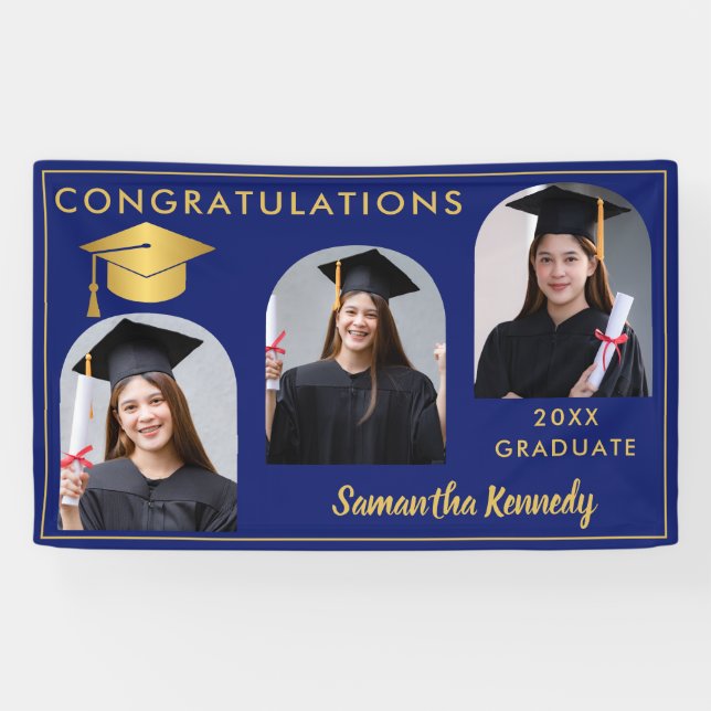 Blue And Gold Congratulations 3 Photo Graduation Banner (Horizontal)