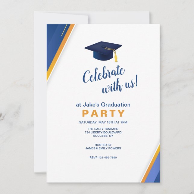 Blue and Gold Corners Graduation Party Invitation (Front)