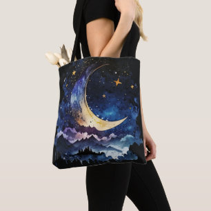Blue and Gold Crescent Moon and Clouds Halloween Tote Bag