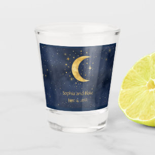 Blue and Gold Crescent Moon Starry Night Wedding Shot Glass