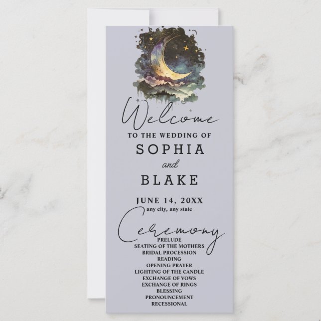 Blue and Gold Crescent Moon Stars Clouds Wedding (Front)