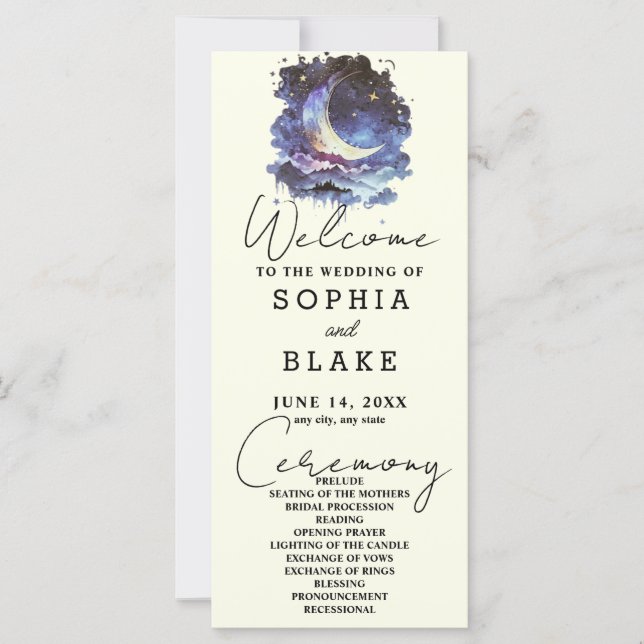 Blue and Gold Crescent Moon Wedding Program (Front)