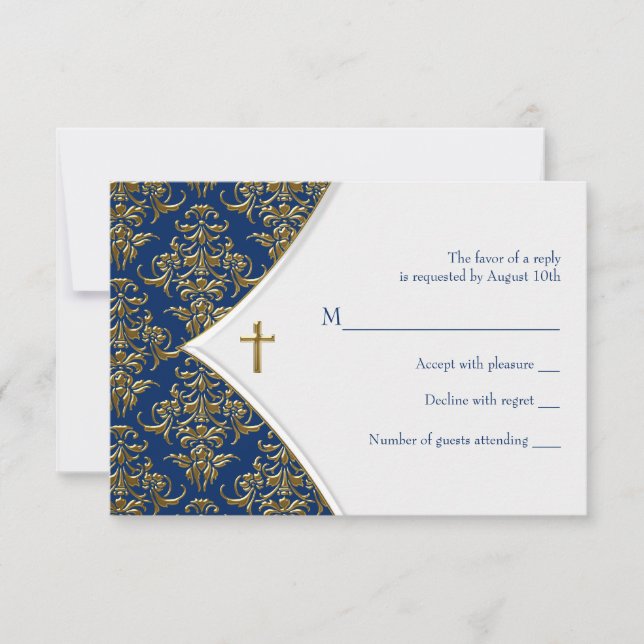 Blue and Gold Cross Baptism Christening RSVP (Front)