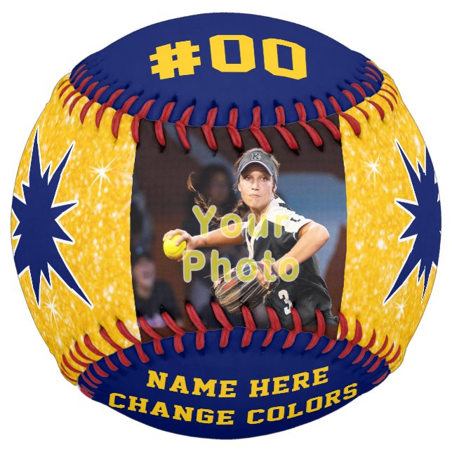 Blue and Gold, Custom Softball with Picture on it (Front)