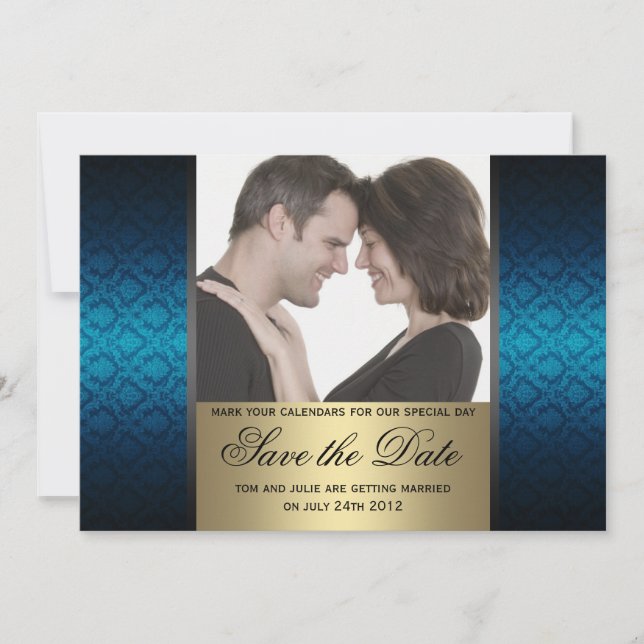 Blue and Gold Damaks Save the Date Photo (Front)
