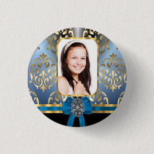 Blue and gold damask 3 cm round badge