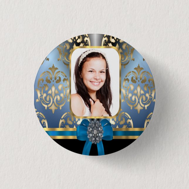 Blue and gold damask 3 cm round badge (Front)