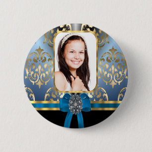 Blue and gold damask 6 cm round badge