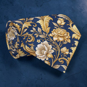 Blue and Gold Damask Floral Custom Necktie