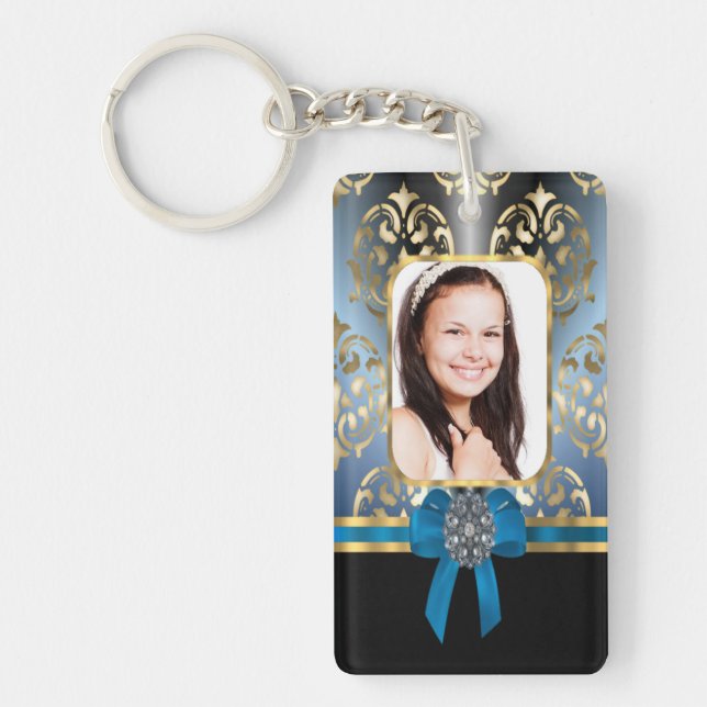Blue and gold damask key ring (Front)