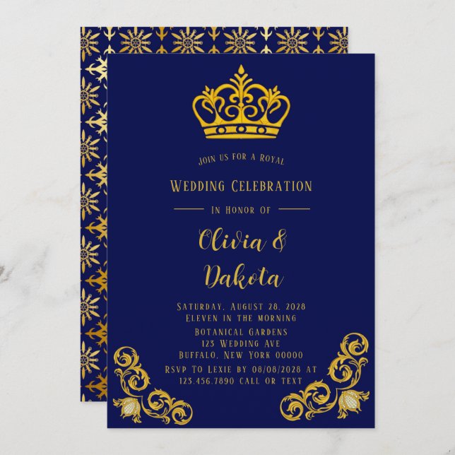 Blue and Gold Damask Royal Wedding Invitation (Front/Back)