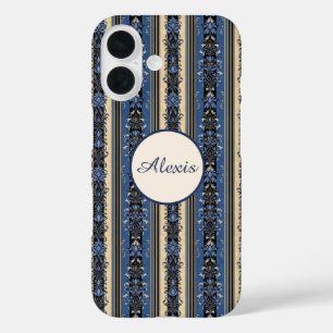Blue and Gold Damask Stripes iPhone 16 Case