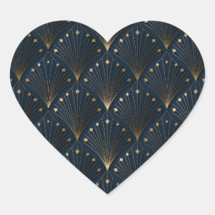 Blue And Gold Deco Pattern Heart Sticker