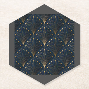 Blue And Gold Deco Pattern Paper Coaster
