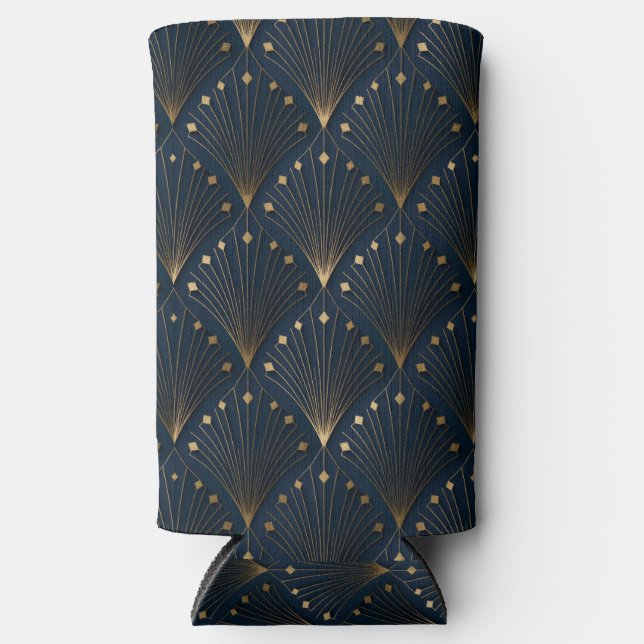 Blue And Gold Deco Pattern Seltzer Can Cooler (Front)