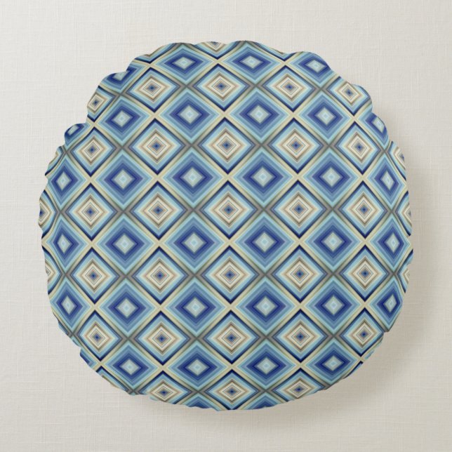 Blue and Gold Diamond Shaped Pattern Round Cushion (Front)