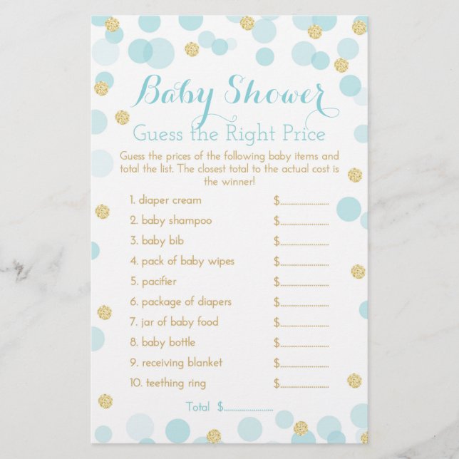 Blue and Gold Dots Baby Shower Price Game Flyer (Front)