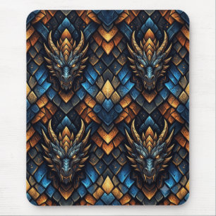 Blue and Gold Dragon Heads Geometric Scale Pattern Mouse Mat