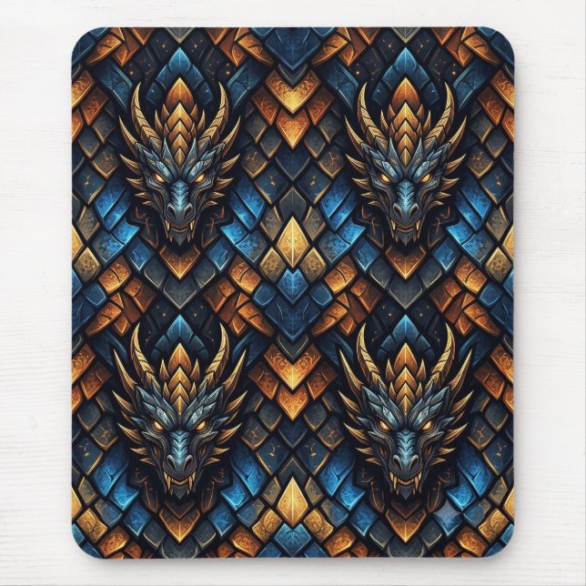 Blue and Gold Dragon Heads Geometric Scale Pattern Mouse Mat (Front)