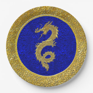 Blue and Gold Dragon Pattern Paper Plate
