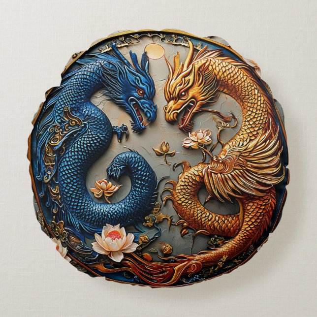 Blue and Gold Dragons in Yin Yang Design Round Cushion (Front)