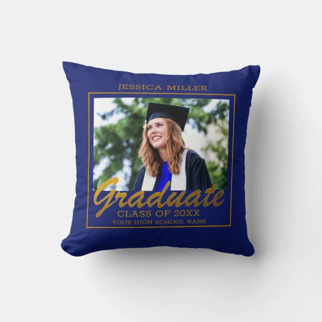 Blue And Gold Dream Big Graduation Photo Cushion (Front)