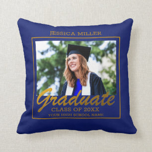 Blue And Gold Dream Big Graduation Photo Cushion