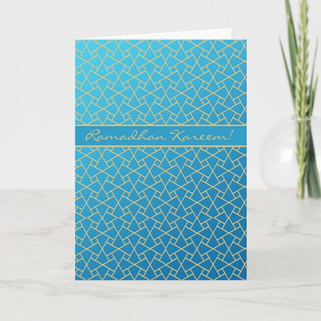Blue and Gold-effect Ramadan Card, Islamic Pattern Card (Front)