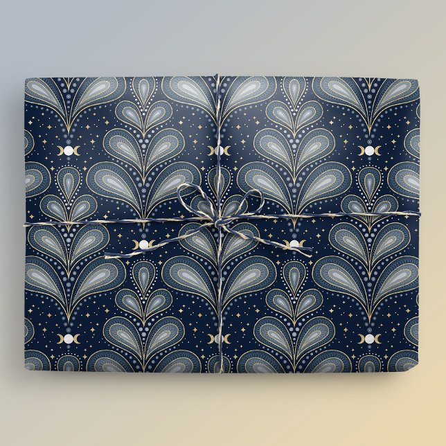 Blue and Gold Elegant Art Deco Celestial Paisley Wrapping Paper (Gift mockup)