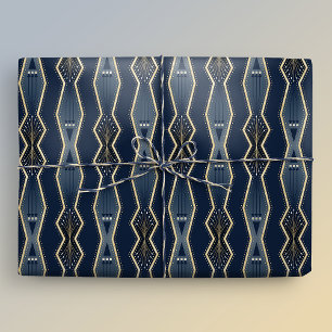 Blue and Gold Elegant Art Deco Stripe Wrapping Paper