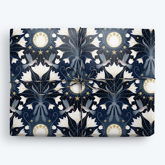 Blue and Gold Elegant Art Nouveau Hummingbird Moon Wrapping Paper (Creator Uploaded)