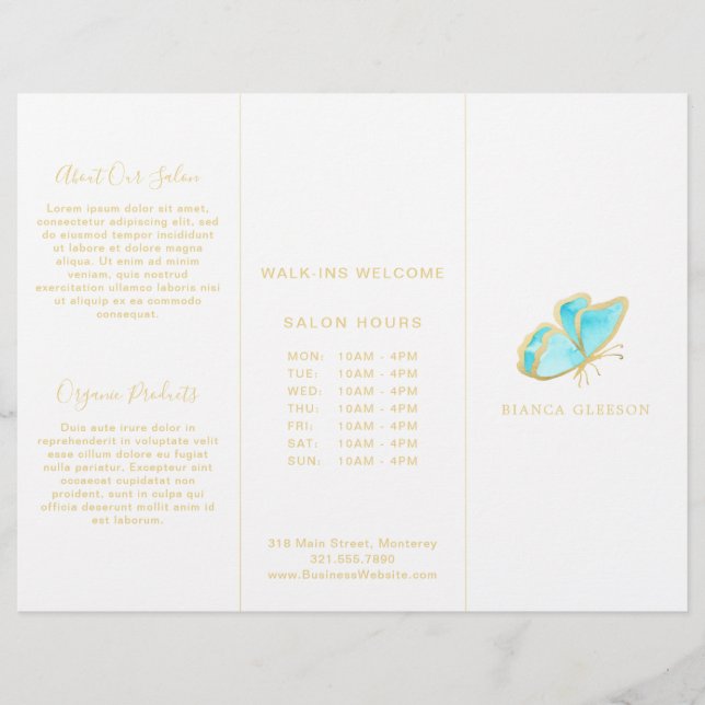 Blue and Gold Elegant Butterfly Trifold Brochure (Front)