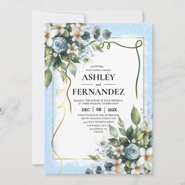  Blue and Gold Elegant Floral Rustic Watercolor Invitation (Front)