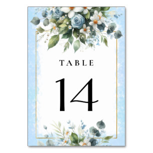 Blue and Gold Elegant Floral Rustic Watercolor Table Number