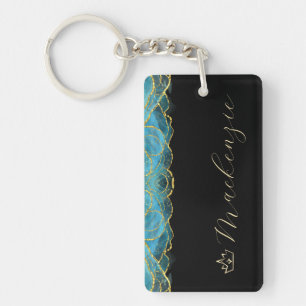 Blue and Gold Elegant Script Personalised Key Ring