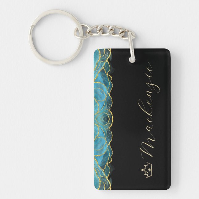Blue and Gold Elegant Script Personalised Key Ring (Front)