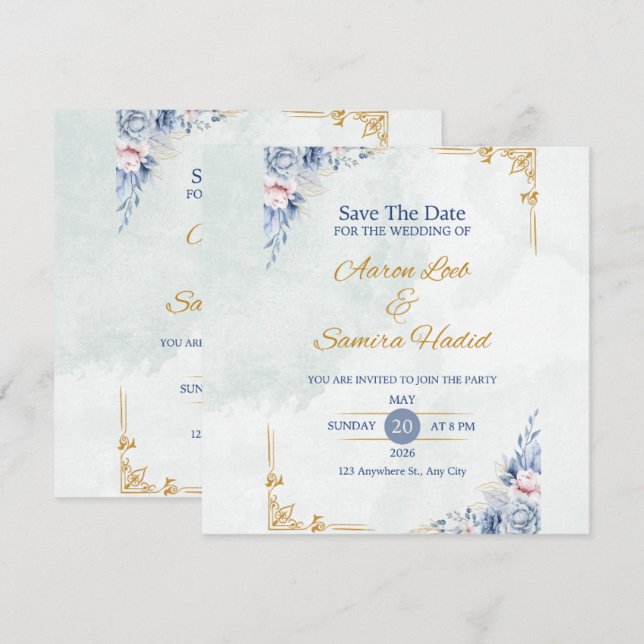 Blue and Gold Elegant Wedding Invitation (Front/Back)
